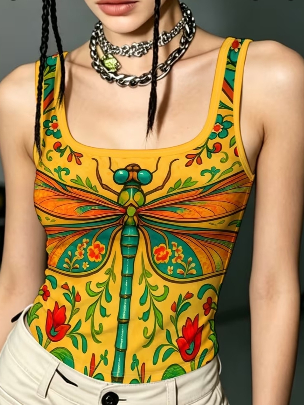 Yellow Dragonfly Print Tank Top